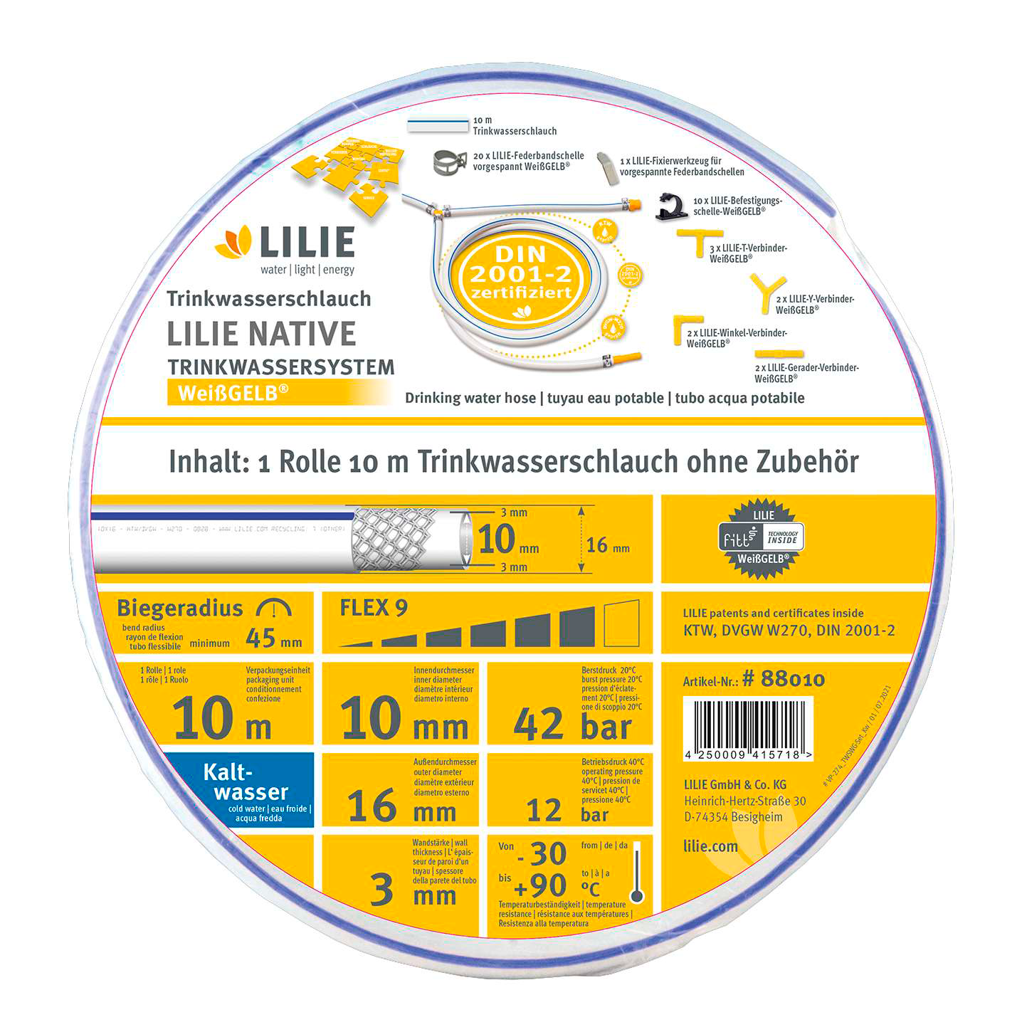 Lilie native 50m Rolle Trinkwasserschlauch 10x18mm - kalt